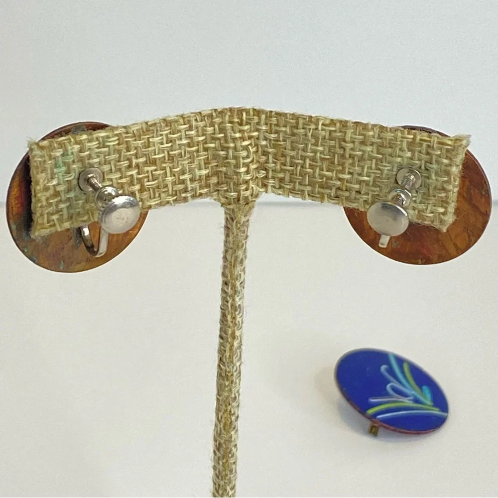 Vintage Copper Enamel‎ Earrings Brooch Set Blue Floral Screw Back Mid Century